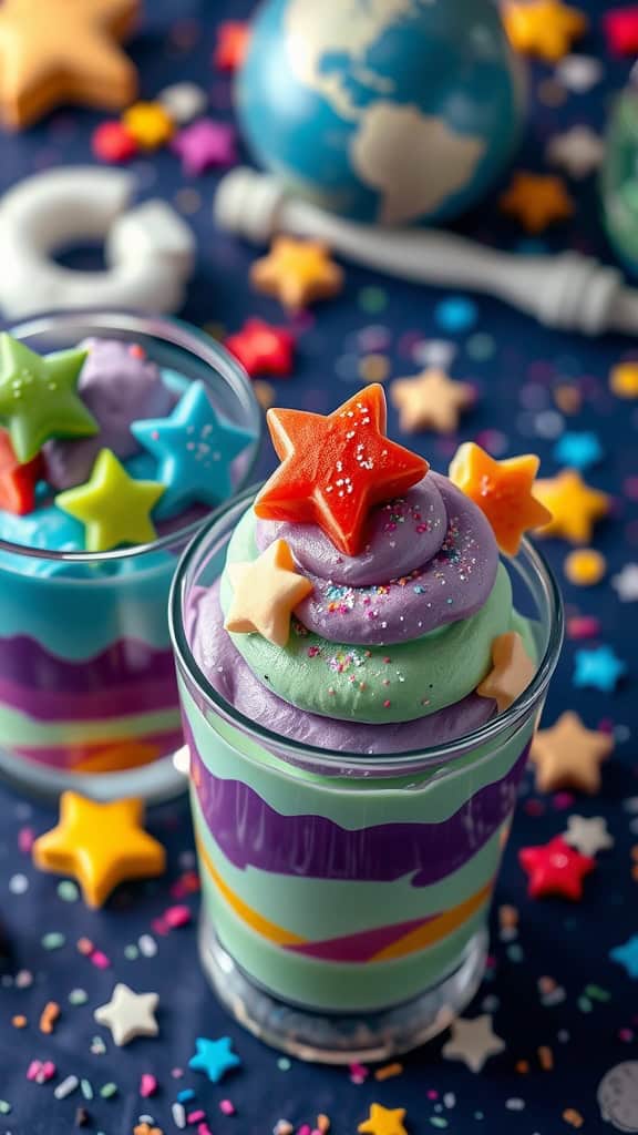 Colorful UFO yogurt parfaits in glass cups, decorated with star-shaped candies and sprinkles.