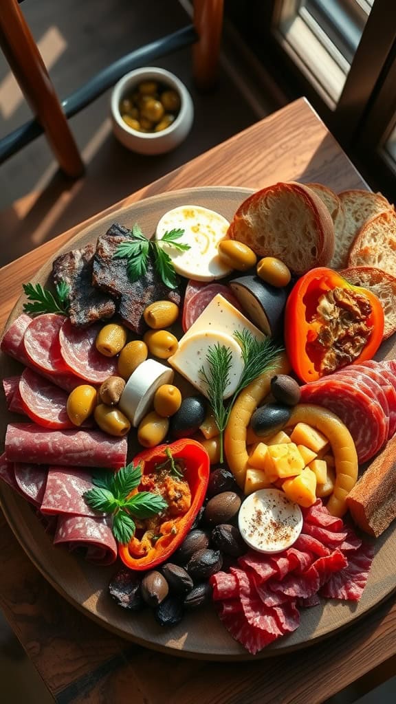 An inviting antipasto platter with cured meats, cheeses, olives, and fresh vegetables.