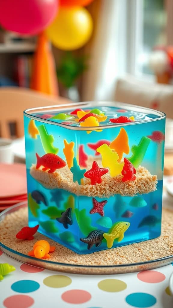 Colorful gelatin dessert with gummy fish and graham cracker layer, resembling an aquarium.