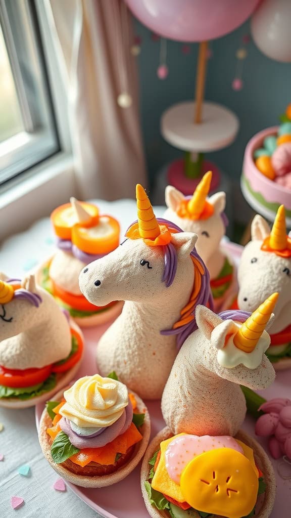 A colorful display of unicorn-themed sandwiches with fun shapes and tasty fillings.