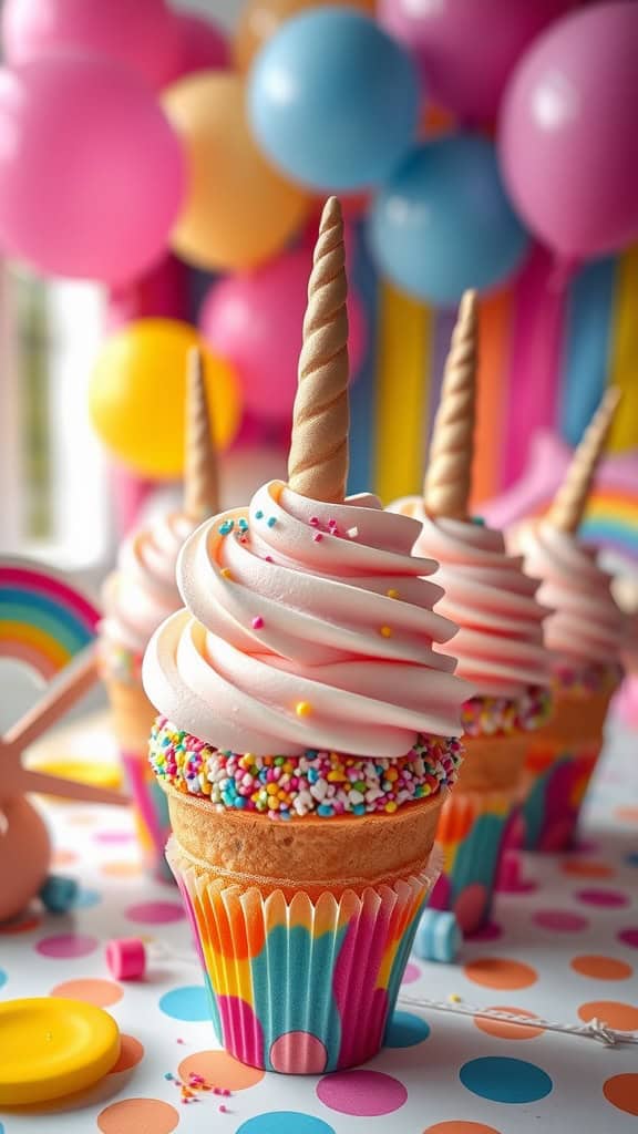 Colorful unicorn cupcake cones with frosting and rainbow sprinkles