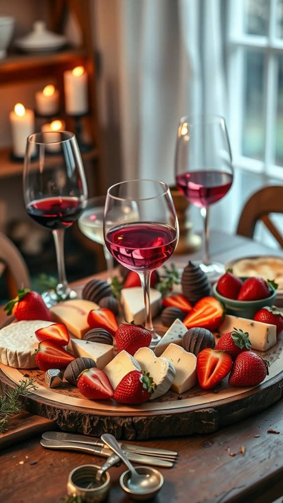 A romantic food board featuring cheeses, strawberries, chocolates, and wine, perfect for Valentine's Day.