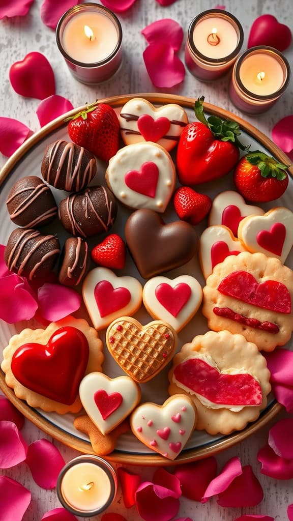 A romantic platter featuring heart-shaped cookies, chocolate-covered strawberries, and decorative candles.