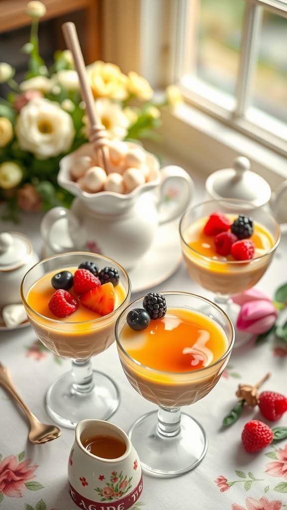 A set of Vanilla Bean & Honey Panna Cotta cups topped with fresh berries, served elegantly.