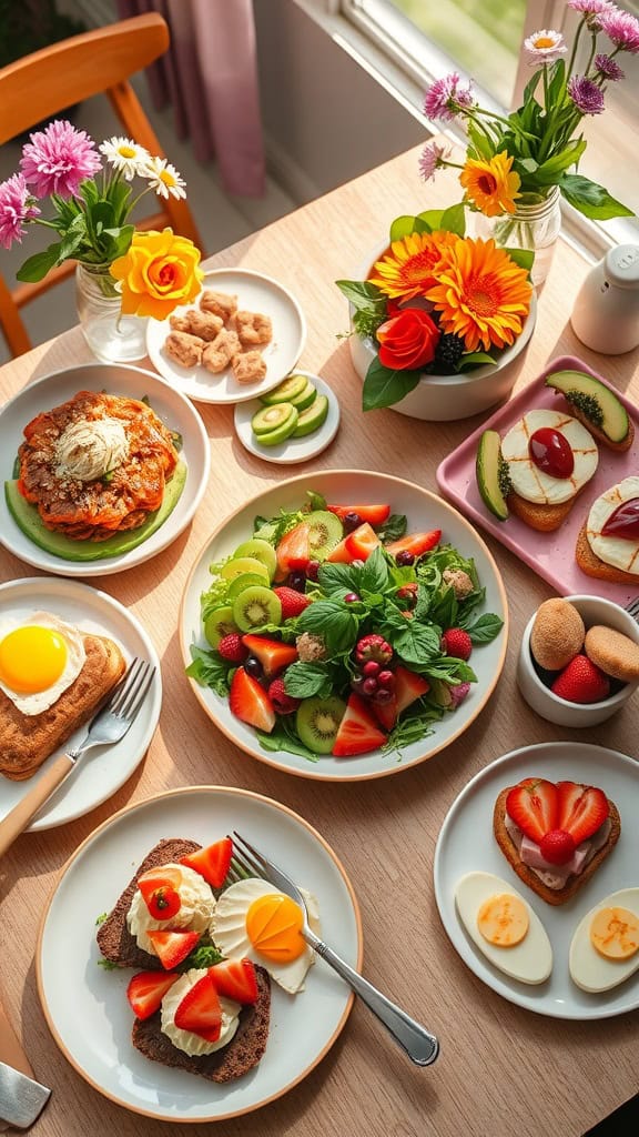 A vibrant vegan and gluten-free brunch spread featuring colorful salads, fresh fruit, and spreads.