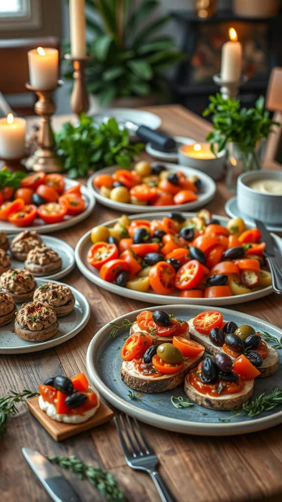 A colorful vegan antipasto platter featuring cherry tomatoes, olives, and fresh herbs.