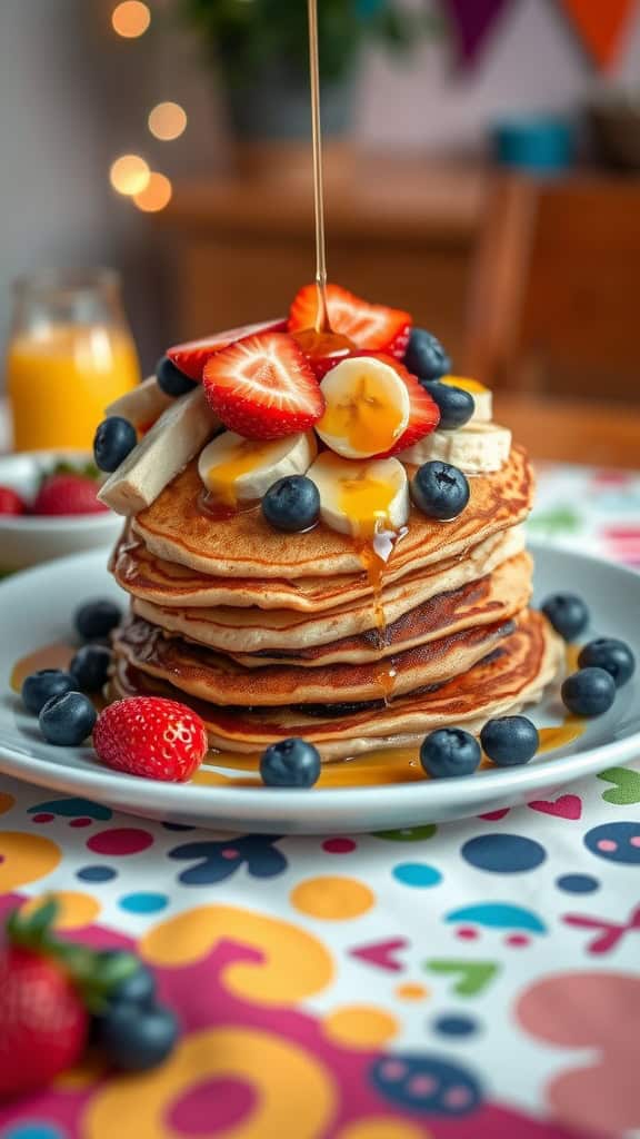 Vegan pancakes topped with fresh fruits and syrup, perfect for a breakfast party.