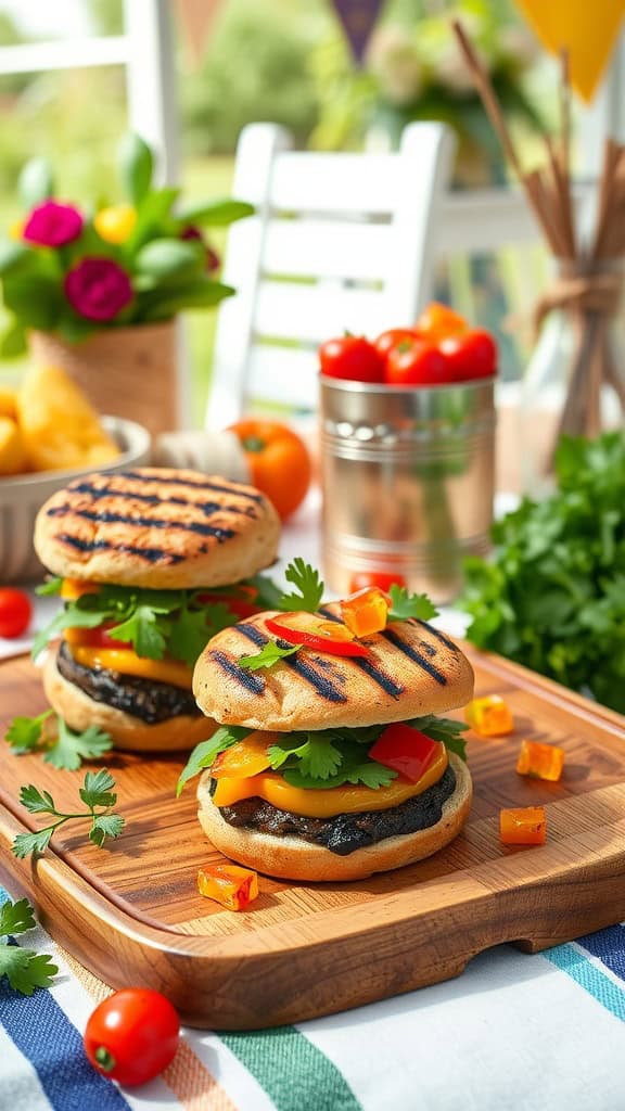 Grilled Portobello mushroom sliders with fresh vegetables on a wooden board.