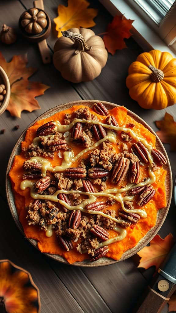 Vegan sweet potato casserole topped with pecans and a drizzle of syrup.