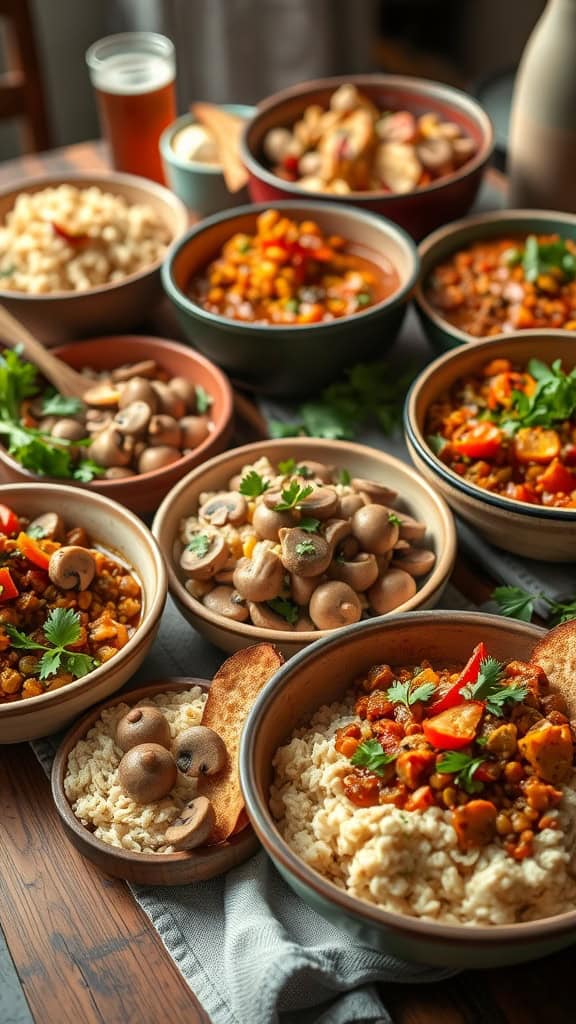 A variety of vegetarian crockpot dishes ready for a party.