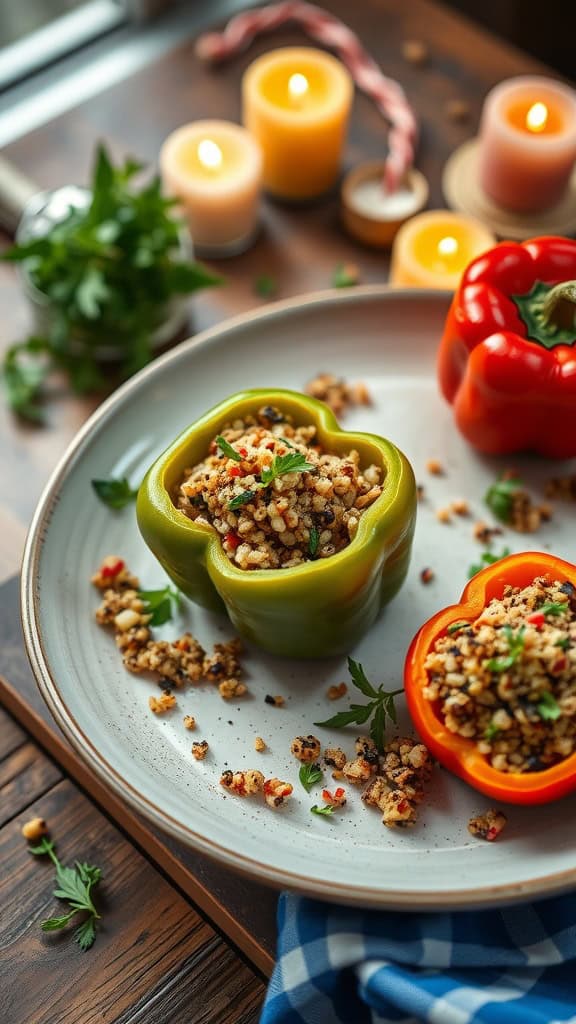 Stuffed bell peppers filled with quinoa and vegetables on a plate.