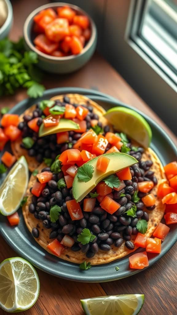 Vegetarian Black Bean Tostadas topped with fresh tomatoes, avocado, and lime wedges.