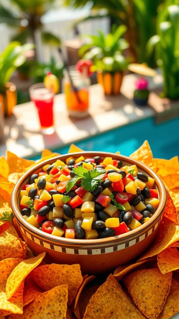 A vibrant bowl of Southwest Black Bean and Corn Salsa surrounded by tortilla chips