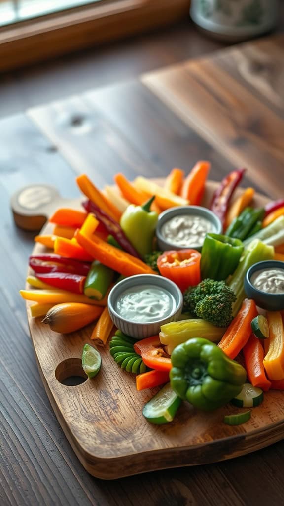 A colorful platter of assorted sliced vegetables arranged with dips, showcasing a healthy and vibrant snack option.