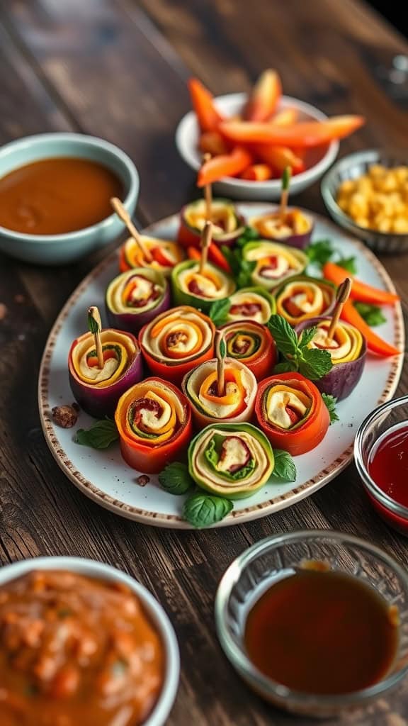 A plate of colorful veggie pinwheels arranged beautifully, ready for a party.