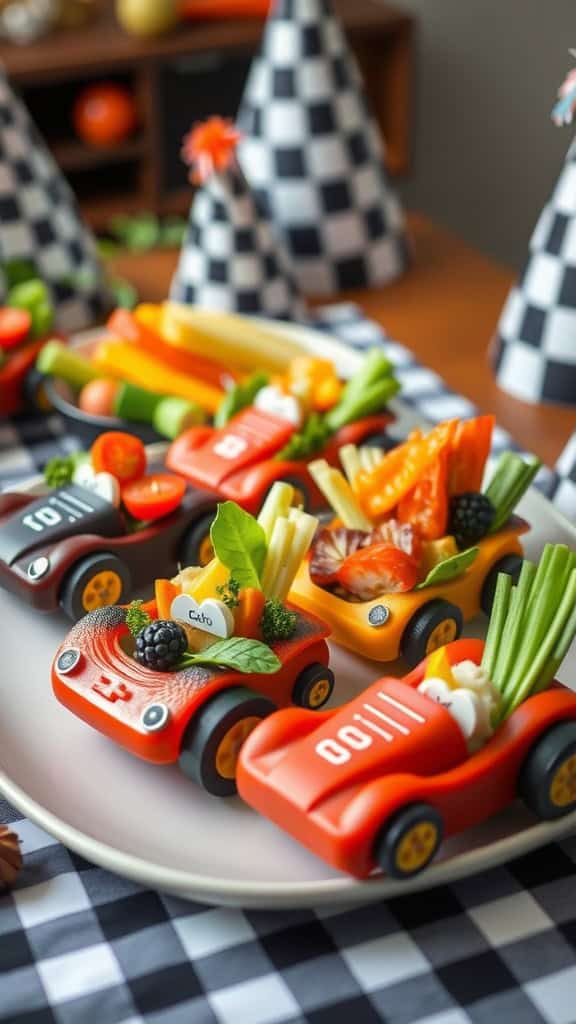 Colorful veggie cups arranged like race cars, filled with a variety of fresh vegetables.