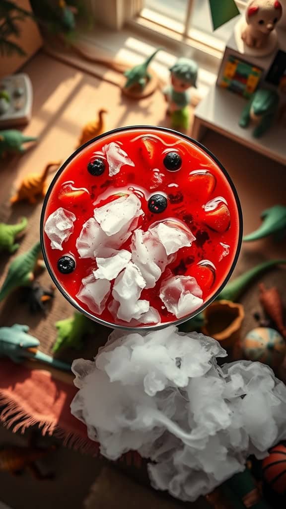 A vibrant red fruit punch with ice and dry ice for a smoky effect, surrounded by dinosaur toys.