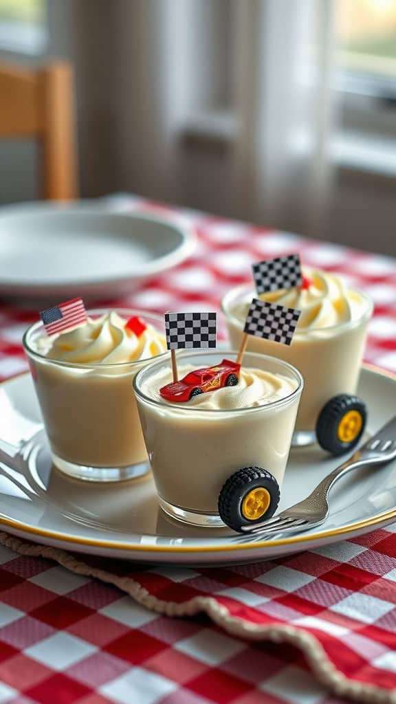 Vanilla pudding cups decorated for a race car birthday party