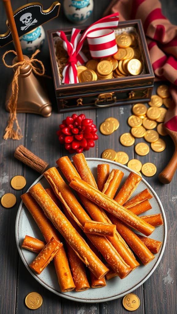 A plate of pretzel sticks, perfect for a pirate-themed party.