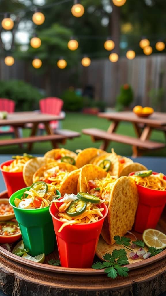 A colorful display of walking tacos served in individual bags with various toppings.