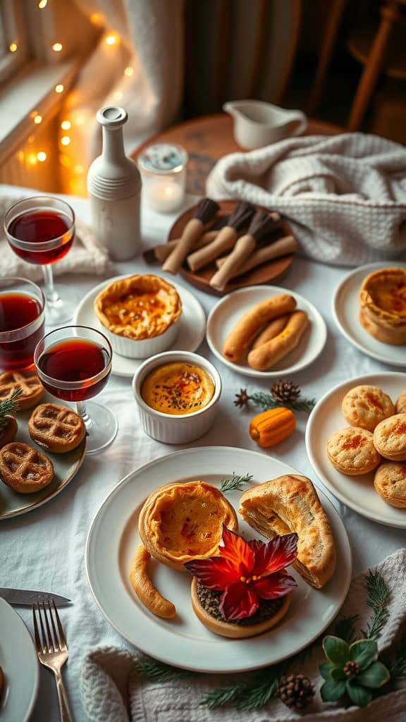 A table set with a variety of warm and cozy engagement party foods, including mini quiches, sweet treats, and beverages.