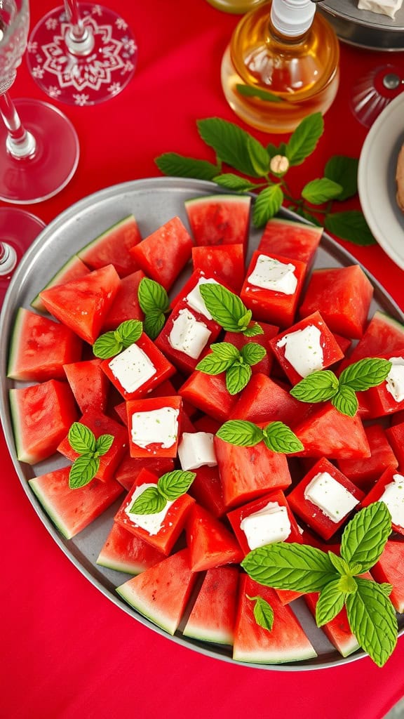 A platter of watermelon and feta bites garnished with mint leaves.