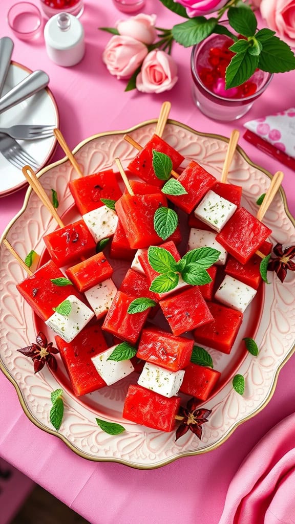 Watermelon feta skewers arranged on a plate with mint leaves.