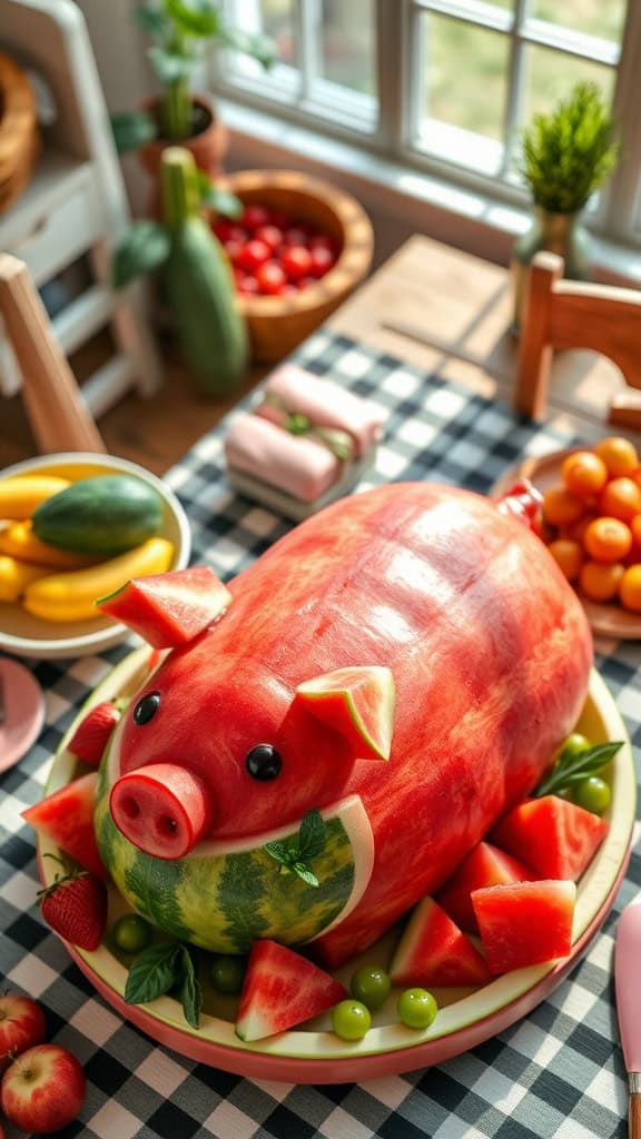 A charming watermelon platter shaped like a pig, surrounded by colorful fruits.