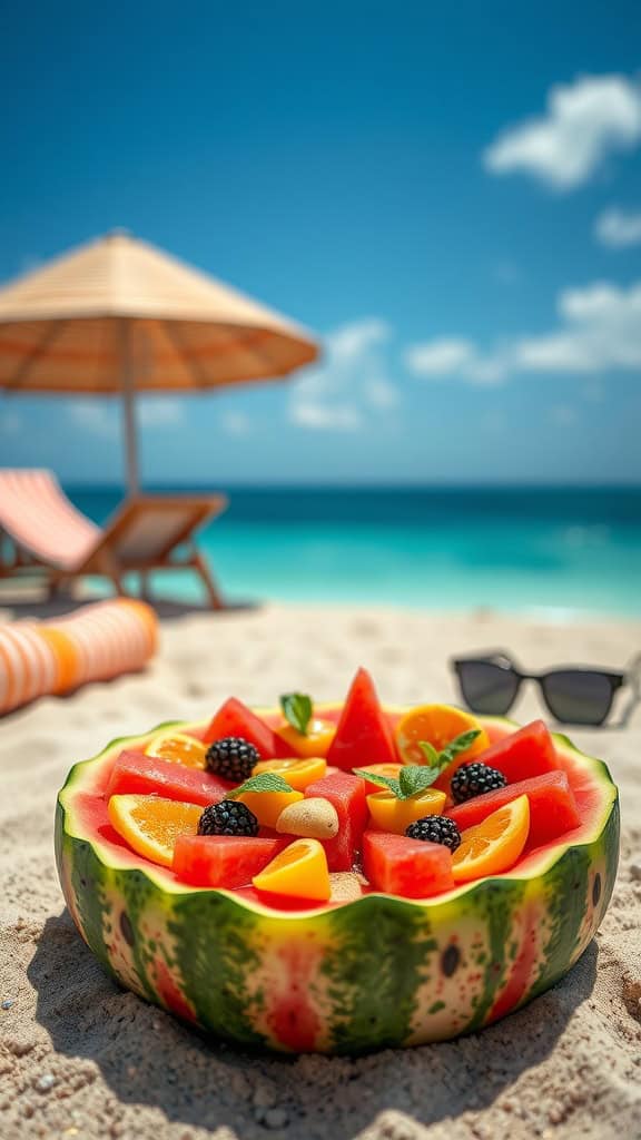 A vibrant watermelon pizza topped with various fruits, served as a refreshing dessert.