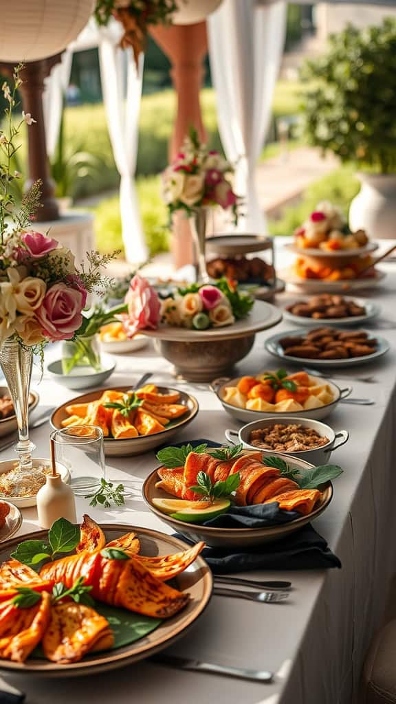 A wedding buffet table featuring a variety of elegant dishes with vibrant vegetables and beautiful floral arrangements.