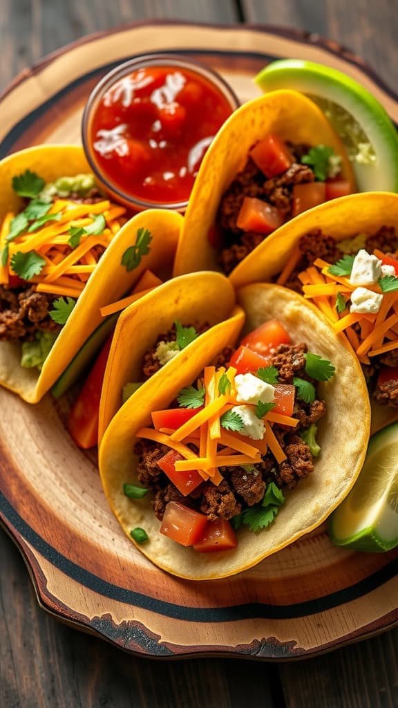 Taco cups filled with ground meat, cheese, and fresh toppings