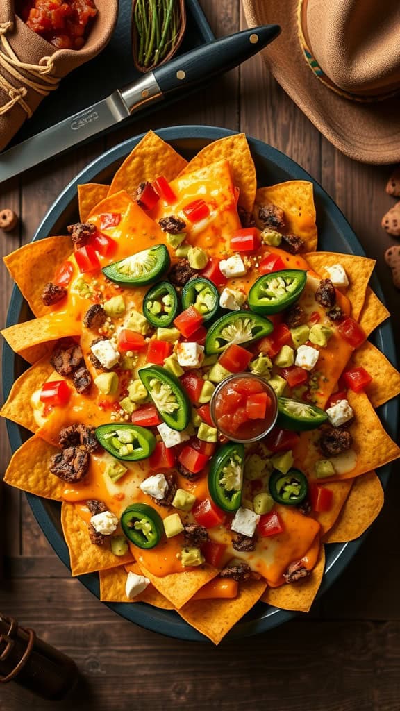 A platter of nachos topped with cheese, jalapeños, tomatoes, and guacamole.