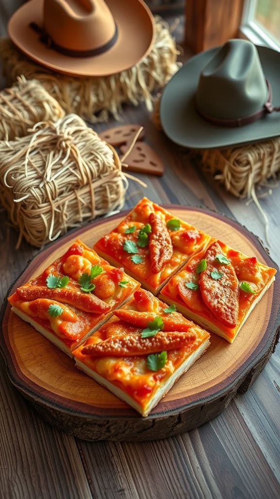 BBQ Chicken Pizza Squares on a wooden platter