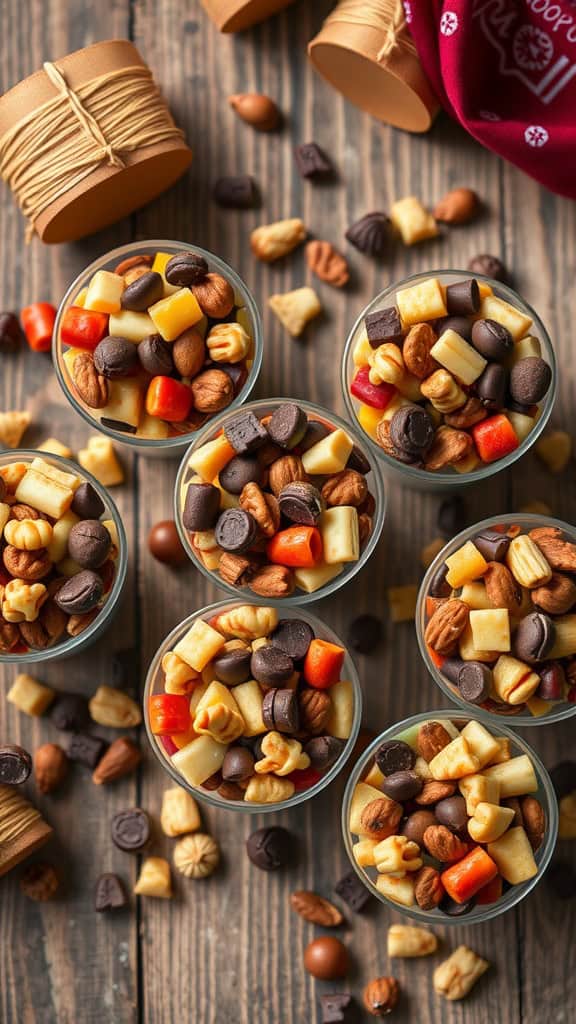 Colorful trail mix snack cups filled with nuts, dried fruits, chocolate, and popcorn