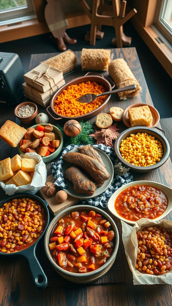 A selection of cowboy-themed party food including BBQ meats, cornbread, and baked beans.