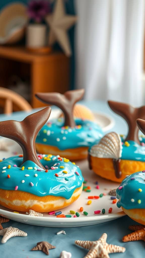 Whale Tail Donuts decorated with blue icing and chocolate whale tails