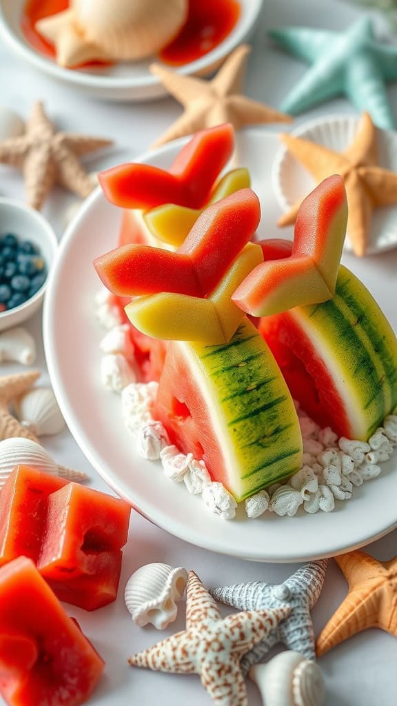 Whale Tail Watermelon Wedges on a platter surrounded by ocean-themed decorations.