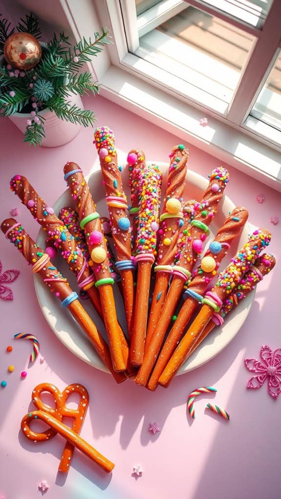 Decorative pretzel rods dipped in chocolate and adorned with colorful sprinkles, resembling fairy wands.