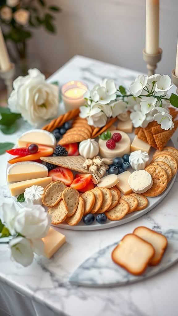 An elegant white-themed food board with assorted cheeses, fruits, and snacks.