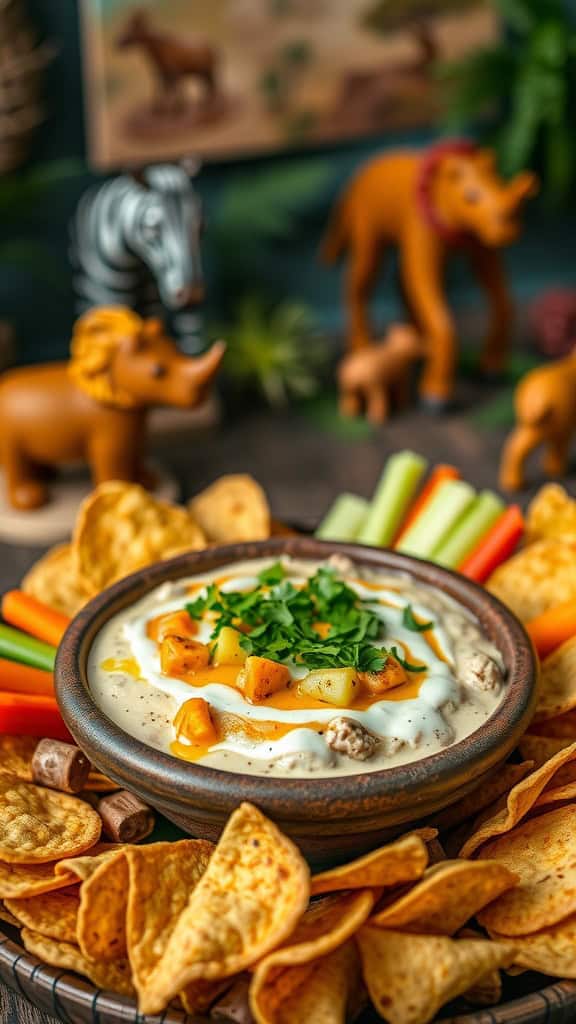 A bowl of Rhino Ranch dip surrounded by tortilla chips and fresh vegetables.