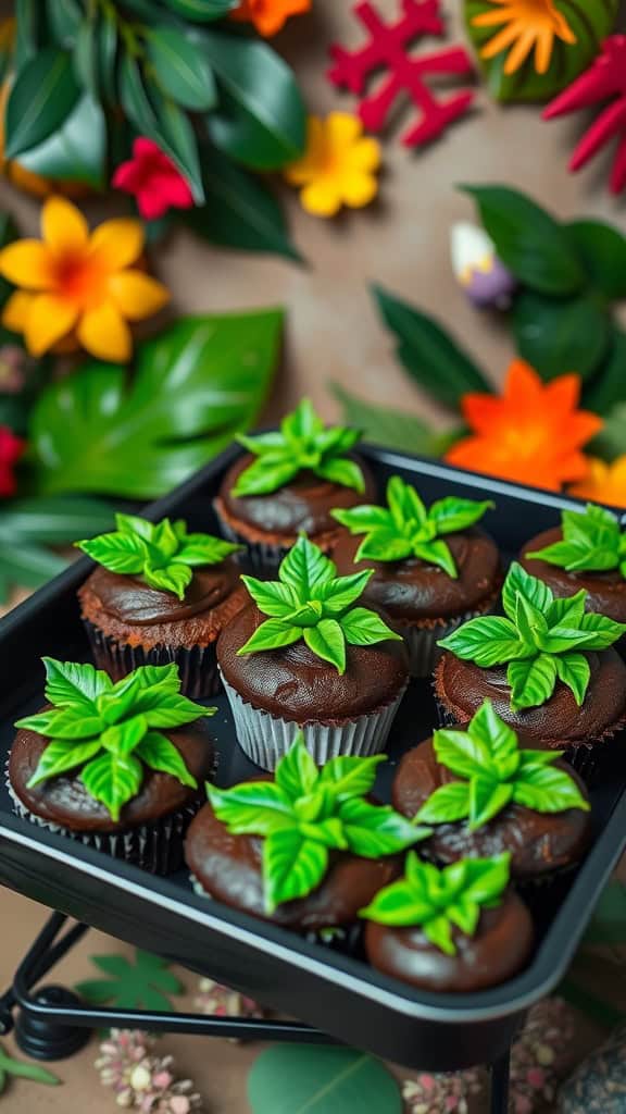 Chocolate cupcakes with green icing decorated like vines for a jungle party.