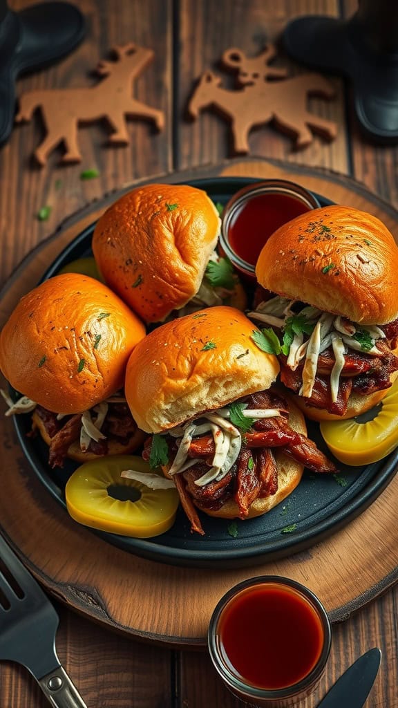 Delicious BBQ sliders with pulled pork and coleslaw on a rustic plate