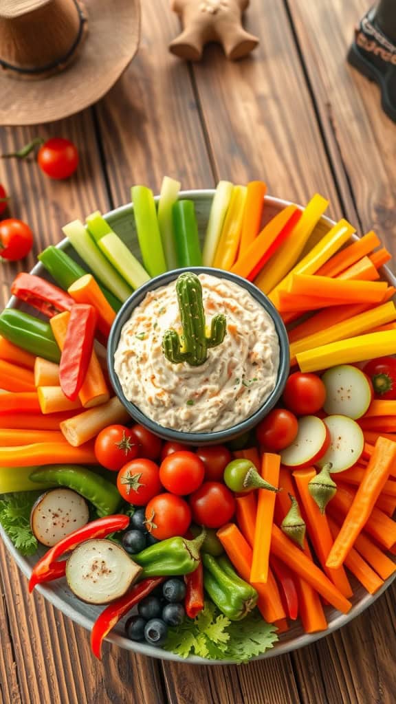 Colorful veggie platter with a cactus ranch dip in the center.