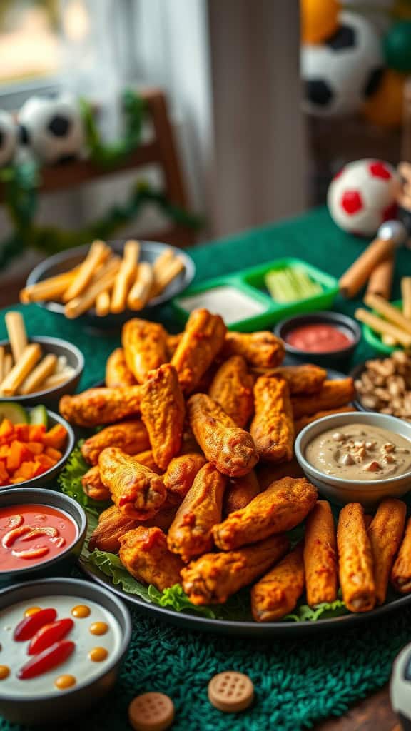 A serving platter filled with crispy chicken wings and various dips for a soccer party.