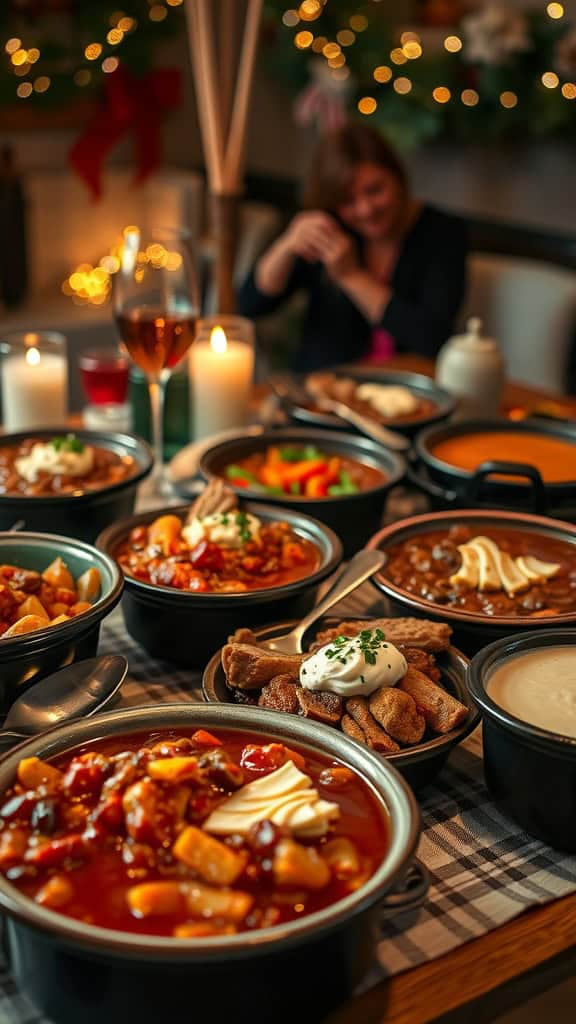 A cozy table setting with bowls of chili and festive decorations.