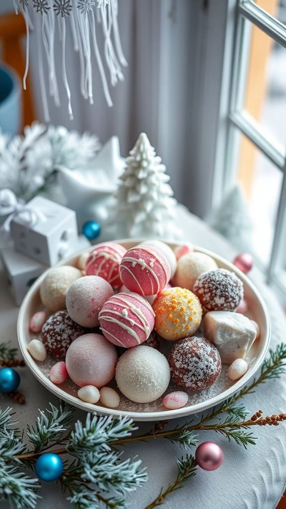 A plate of decorated truffles resembling snowballs, perfect for a winter gender reveal party.