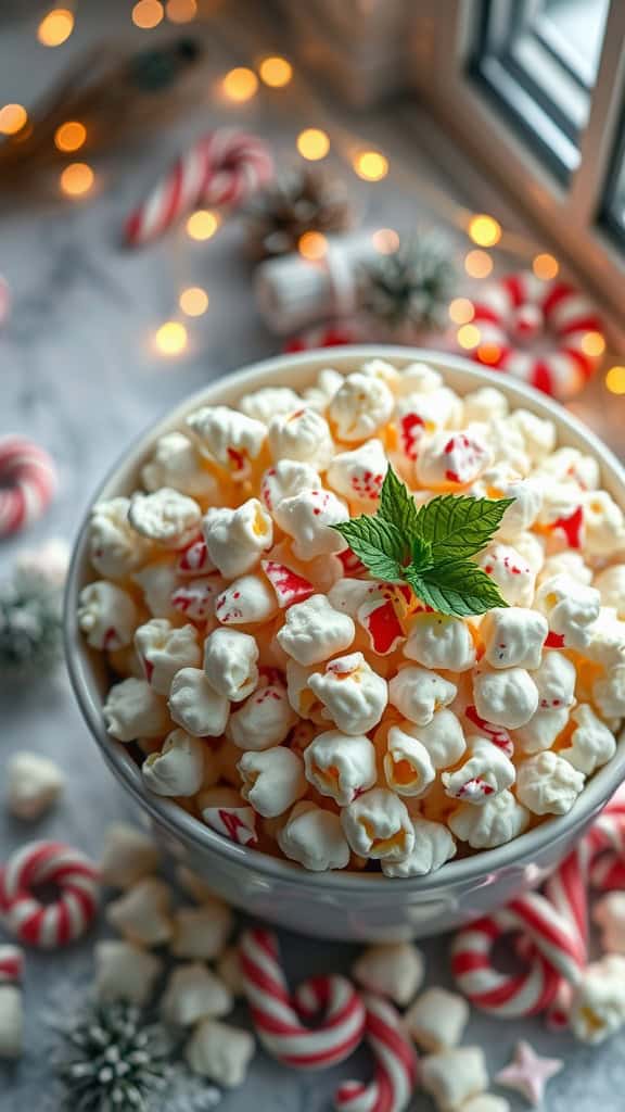 Festive bowl of white chocolate peppermint popcorn garnished with mint leaves and surrounded by holiday decorations.