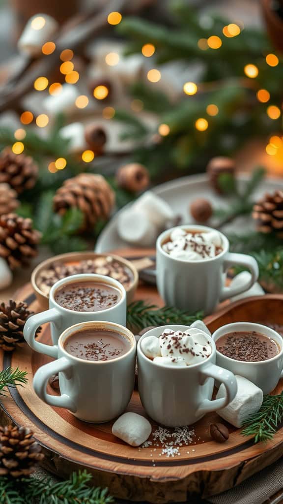 A cozy hot chocolate station with mugs, toppings, and festive decorations.