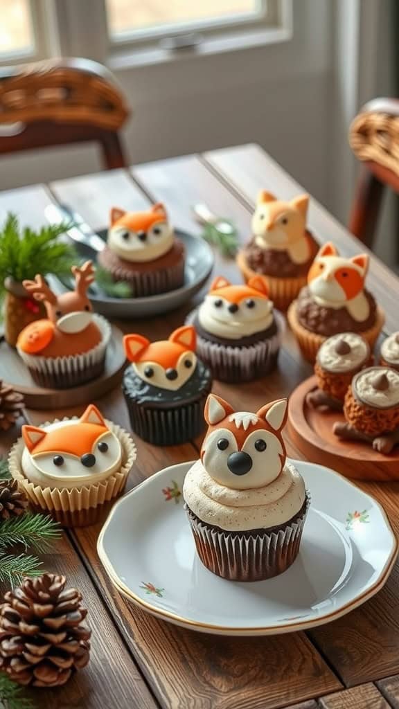 Cute woodland animal cupcakes in various designs for a baby shower