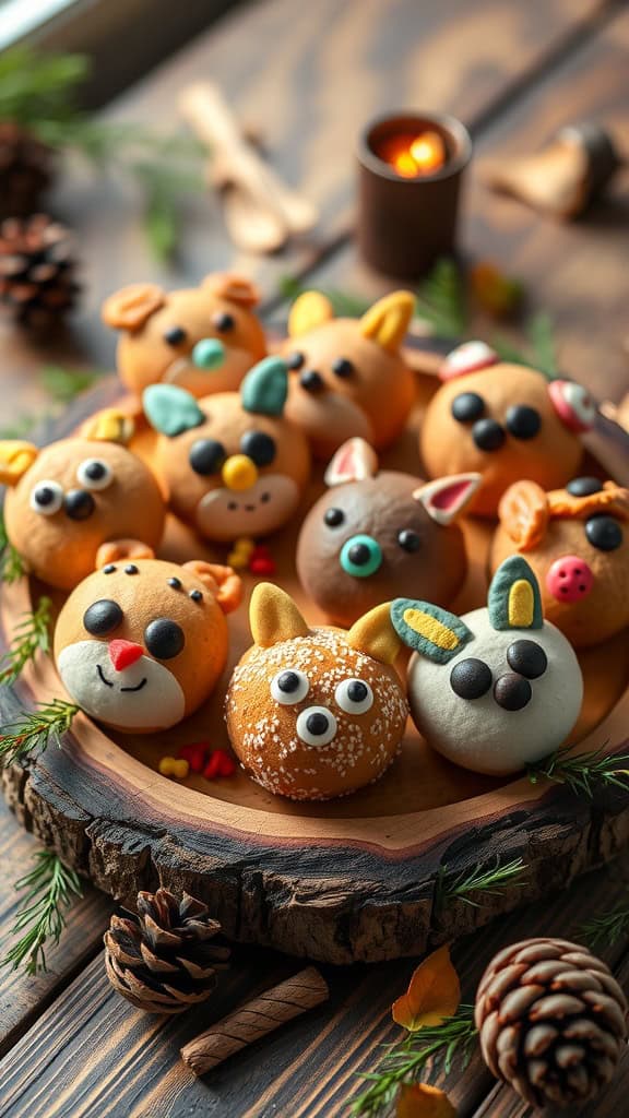 A platter of cute animal-shaped donut holes decorated with icing and candy eyes, perfect for a woodland party.